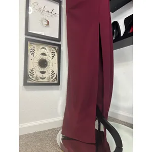Long Wine Colored Reckless Hearts formal off the shoulder dress with front slit thumbnail 2
