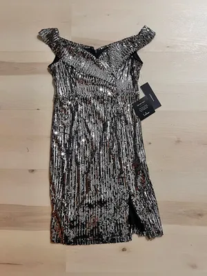 Lulus NWT Women Small Shiny Silver Off the Shoulder Sequin Mini Party Dress thumbnail 5