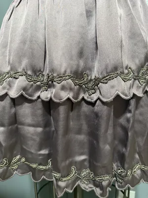 Beaded Scalloped Satin Tiered Mini Skirt - Taupe / Mauve Satin Tiered Mini Skirt with Metallic Bead Embroidery & Scallop Hem thumbnail 3
