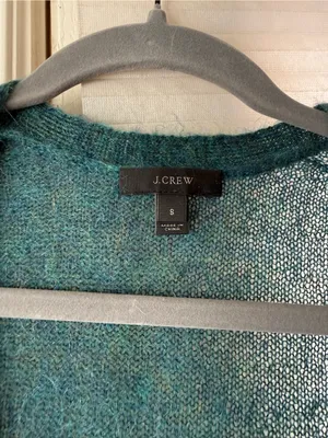Women’s J Crew Mohair Deep Teal / Green V-Neck Button Cardigan Sweater thumbnail 3