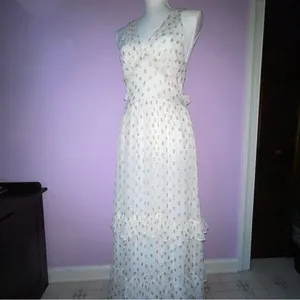 NEW En Creme Maxi Dress M Boho Metallic Polka Dot Cutout Ruffle Tiered thumbnail 3