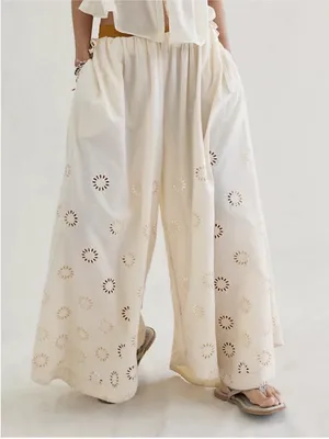 Free People Sweet Serenade Pull On Eyelet Wide Leg Cotton Floral Pants Sandshore thumbnail 1