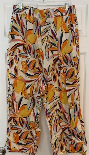 C&C California 100% Linen Wide Leg Pants Tropical Fruit‎ Flowy Beach Coastal LG thumbnail 1