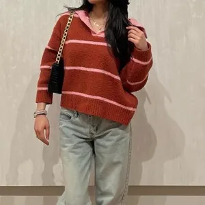 pink & red knitted striped collared sweater thumbnail 2