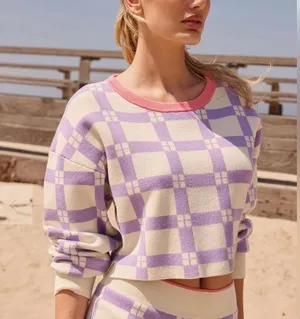 Anthropologie Daily Practice Plaid Purple & White Long-Sleeve Cropped Sweater M thumbnail 1