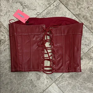 Edikted Moss Faux Leather Lace Up Corset Burgundry NEW Medium thumbnail 5
