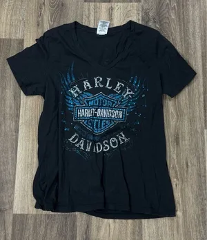 Harley Davidson Sequin Black and Blue VNeck Short Sleeve Tee Shirt Women’s Large thumbnail 1