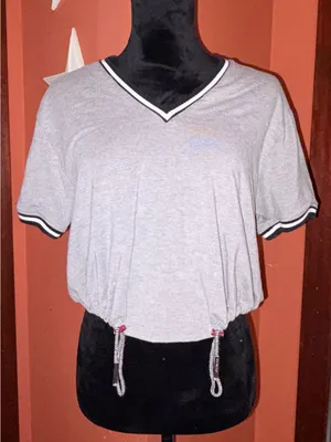 True Religion Light Gray V-Neck Drawstring Crop Top thumbnail 1