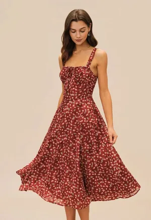 Rihoas Wine Red Floral Slip Midi Dress thumbnail 1