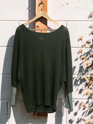 BiBi Olive Green Waffle Knit Dolman Sleeve Top Size Large NWOT thumbnail 2