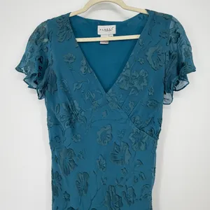 Vintage‎ Teal Floral Burnout Velvet Silk Blend Beaded Bias Cut Maxi Dress 8 thumbnail 3