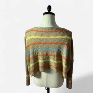 Storia‎ Fisherman Womens Striped Open Knit Cropped Sweater Tan BT1139 Size S thumbnail 3