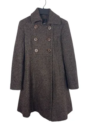 Via Women’s 0P Petite Brown Herringbone Wool Blend Fit & Flare Peacoat Button thumbnail 1
