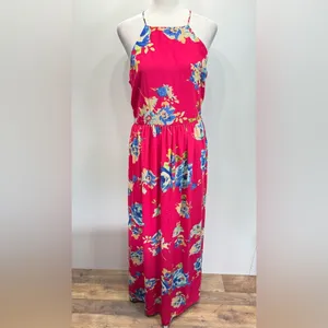 Everly Hot Pink Floral Halter Neckline Maxi Sundress Pleated Skirt Boho Vacation Party thumbnail 4
