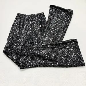 White Fox Sequin Flare Pants‎ Womens Sz S Black Sparkly Wide Leg Party Polyester thumbnail 12