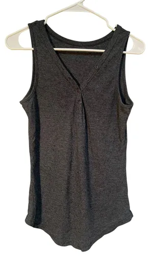 Womens Sleeveless Henley Tank Top Dark Charcoal Gray Ribbed V-Neck Button C5J020 thumbnail 1