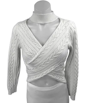 Superdown White Cable Knit Long Sleeve Criss Cross Cropped Sweater Top Size M thumbnail 1
