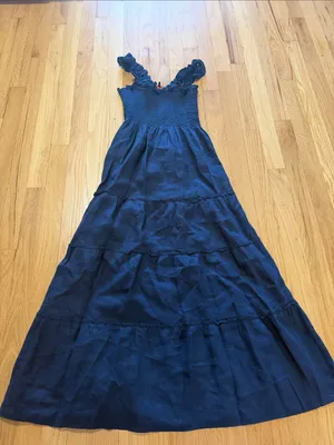 Quince Deep Navy European Linen Smocked Midi Dress Sz S thumbnail 1