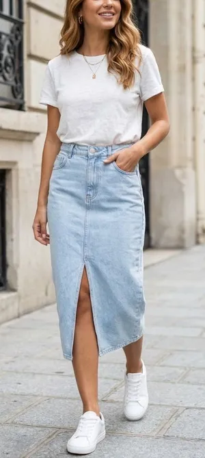 Le Lis Collection Light Wash Denim Midi Skirt with Front Slit - Size S thumbnail 1