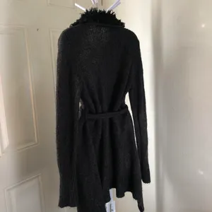 Whimsygoth grey black faux fur collar belted long cardigan long sleeve-L #y2k #gothic thumbnail 2