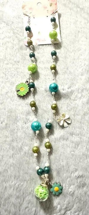 Green & Teal Beaded Flower Charm Necklace - Women Jewelry thumbnail 1