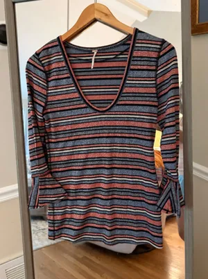 Women's Free People Striped Long Sleeve Tee, Size M, Blue and Pink thumbnail 1
