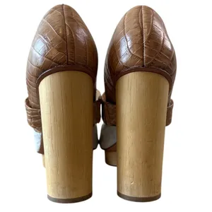 Tory Burch Georgina Linen Platform Heels Croc Leather Peep Toe‎ Sz 9 thumbnail 6