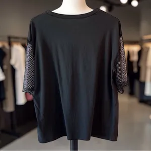 Black Western Rhinestone Graphic Top Metal Mesh Sleeves Country Medium thumbnail 6