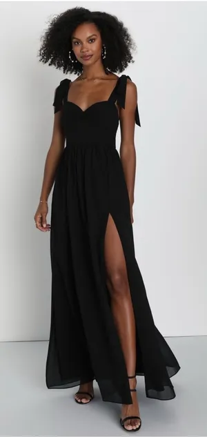 Lulus Radiant Charisma Black Chiffon Ruched Tie-Strap Maxi Dress thumbnail 1