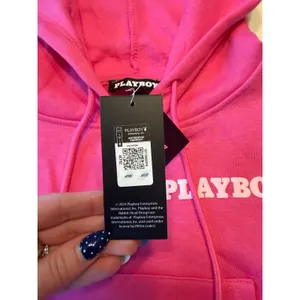 Playboy Womens Hot Pink Cropped Hoodie Embroidered Logo Bunny Sleeve Large NWT thumbnail 3