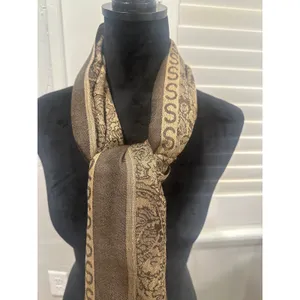 Elegant Brown Gold Paisley Print Scarf Wrap Fringe Viscose Acrylic winter boho thumbnail 3
