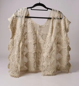 Womens Cream Lace Kimono Vest‎ Boho Crochet Open Front Sleeveless thumbnail 1