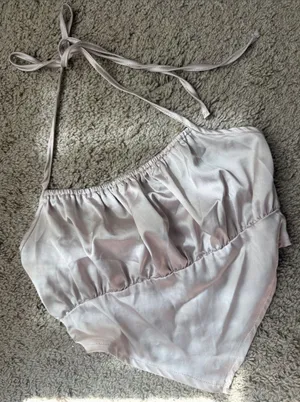 SHEIN Champagne Satin Handkerchief Halter Top Smocked Back Small thumbnail 1
