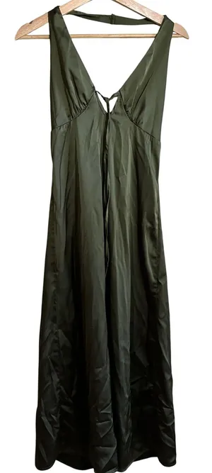 SHEIN Satin Halter Open Back Maxi Dress XS Olive Green Women Elegant V-Neck thumbnail 1