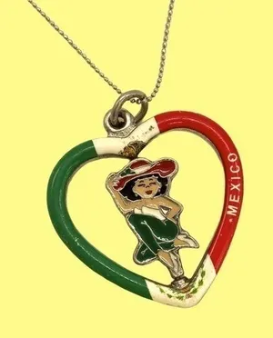 Vintage‎ Mexican Flag colors heart necklace with articulating spinning dancer thumbnail 1