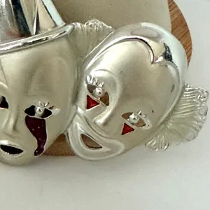 Vintage Silver Tone Triple Clown Theater Mask Enamel Brooch thumbnail 4