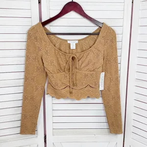 Kirious Boho Embroidered‎ Eyelet Tie Neck Long Sleeve Crop Top Tan XS thumbnail 7