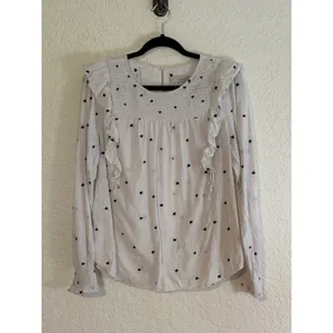 LOFT Blouse White M Womens Heart Print Ruffle Smocked Swiss Dot Long Sleeve thumbnail 6