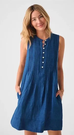 Faherty Isha Basketweave Dress XL Sleeveless Linen Indigo $168 thumbnail 1
