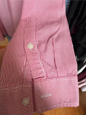 Women Tommy Hilfiger Red and White Micro-Striped Button-Down Shirt (M) thumbnail 3