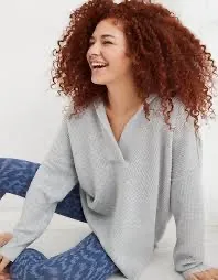 Aerie Grey V-neck Waffle Knit Sweater thumbnail 1