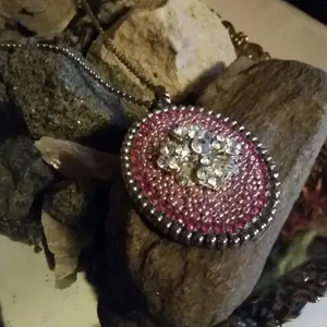 Vintage Pink Crystal Floral Statement Pendant Necklace Silver Tone 16” thumbnail 7