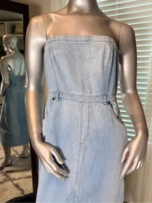 Free People Denim Midi Dress Size 8 Blue Strapless Cotton Front Slit Pockets thumbnail 4