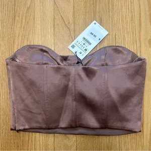 NWT Zara Satin Bandeau Mauve Rose Pleated Strapless Crop Top Size Medium thumbnail 8