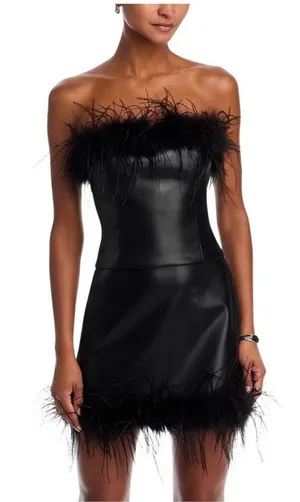 NWT Aqua Feather Trim Bandeau Faux Leather Top IBO26647 Black XS thumbnail 1