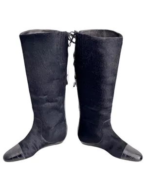 Migliorini Black Pony Hair Croc-Embossed Leather Corset-Back Boots, Size 7.5 thumbnail 5