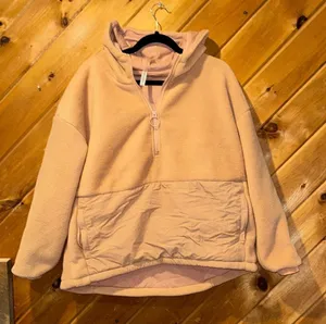 Fabletics Lotta Sherpa Half Zip Hooded Sweatshirt Jacket in peach tan thumbnail 5