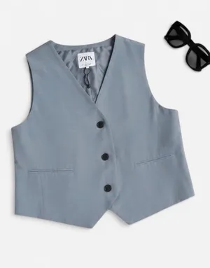 ZARA Light Blue Tailored Suit Vest Top 🩵 Size L thumbnail 8