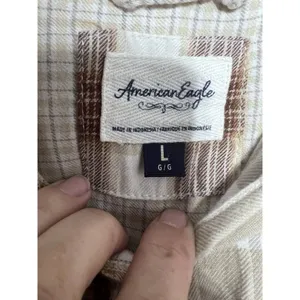 American Eagle Cropped Hooded Farmcore Plaid Brown Tan Flannel Shirt Size L thumbnail 8