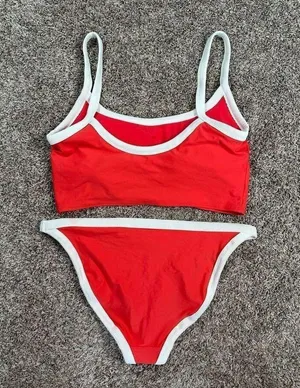 aerie bikini swim set red white ribbed scoop neck longline matching set L thumbnail 10